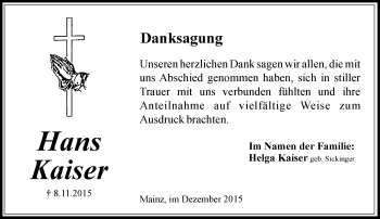 Traueranzeige von Hans Kaiser von  Allgemeine Zeitung Mainz