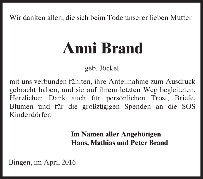  Traueranzeige für Anni Brand vom 25.04.2016 aus  Allgemeine  Zeitung Ingelheim-Bingen