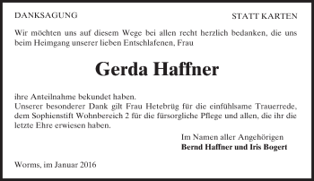 Traueranzeige von Gerda Haffner von  Wormser Zeitung