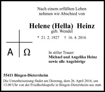 Traueranzeige von Helene Heinz von  Allgemeine  Zeitung Ingelheim-Bingen