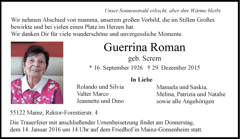  Traueranzeige für Guerrina Roman vom 09.01.2016 aus  Allgemeine Zeitung Mainz