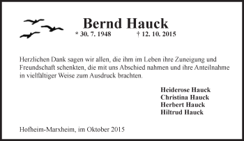 Traueranzeige von Bernd Hauck von  Hofheimer Zeitung