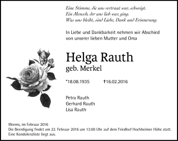 Traueranzeige von Helga Rauth von  Wormser Zeitung