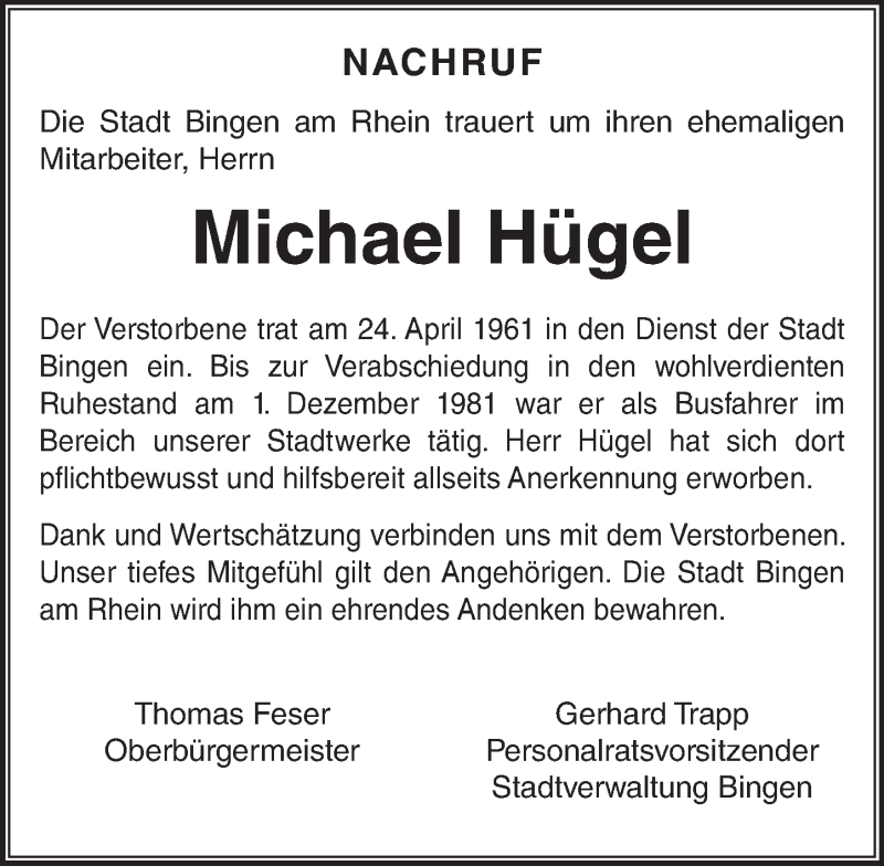  Traueranzeige für Michael Hügel vom 20.01.2016 aus trauer.rmp.de