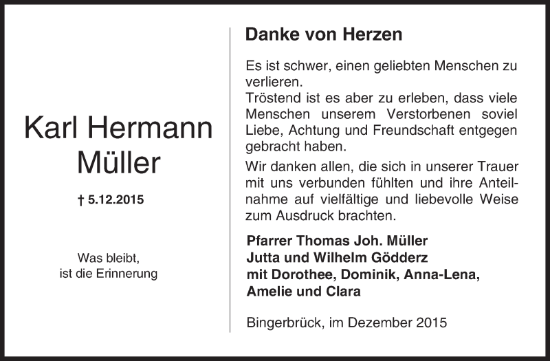  Traueranzeige für Karl Hermann Müller vom 30.12.2015 aus  Allgemeine  Zeitung Ingelheim-Bingen