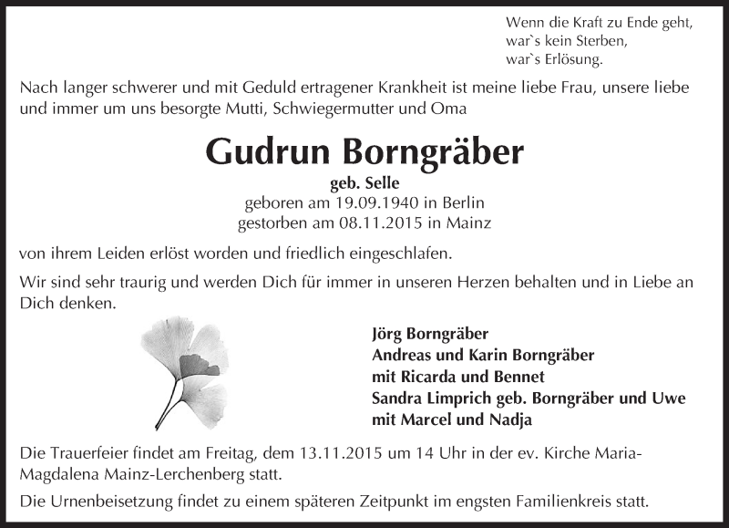  Traueranzeige für Gudrun Borngräber vom 11.11.2015 aus  Allgemeine Zeitung Mainz