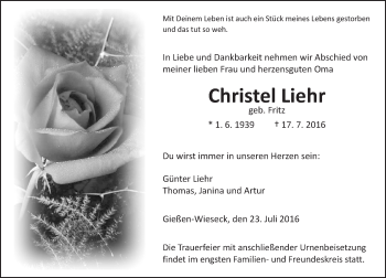 Traueranzeige von Christel Liehr von  Gießener Anzeiger