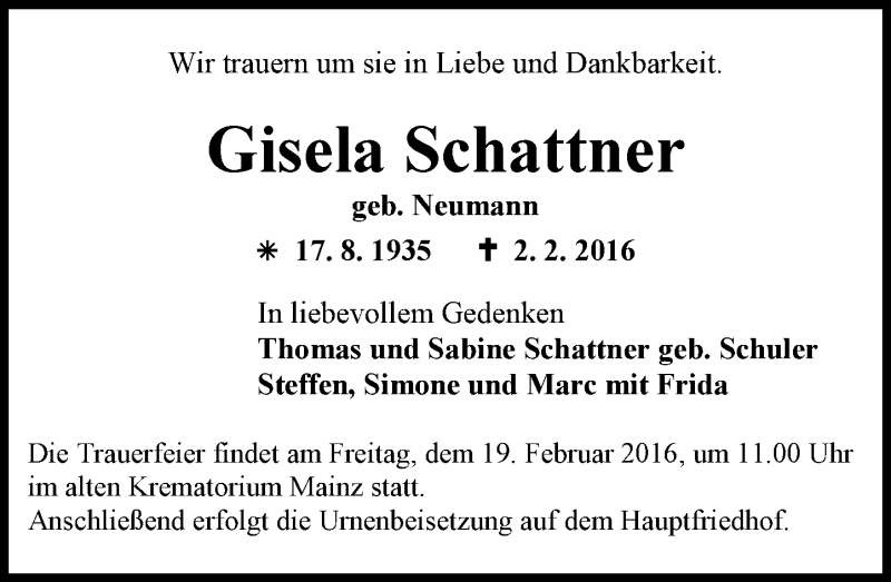  Traueranzeige für Gisela Schattner vom 13.02.2016 aus  Allgemeine Zeitung Mainz