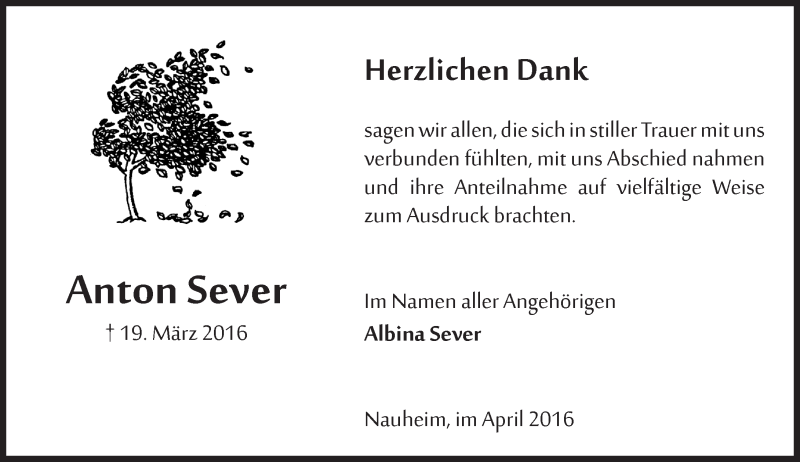  Traueranzeige für Anton Sever vom 23.04.2016 aus  Mainspitze