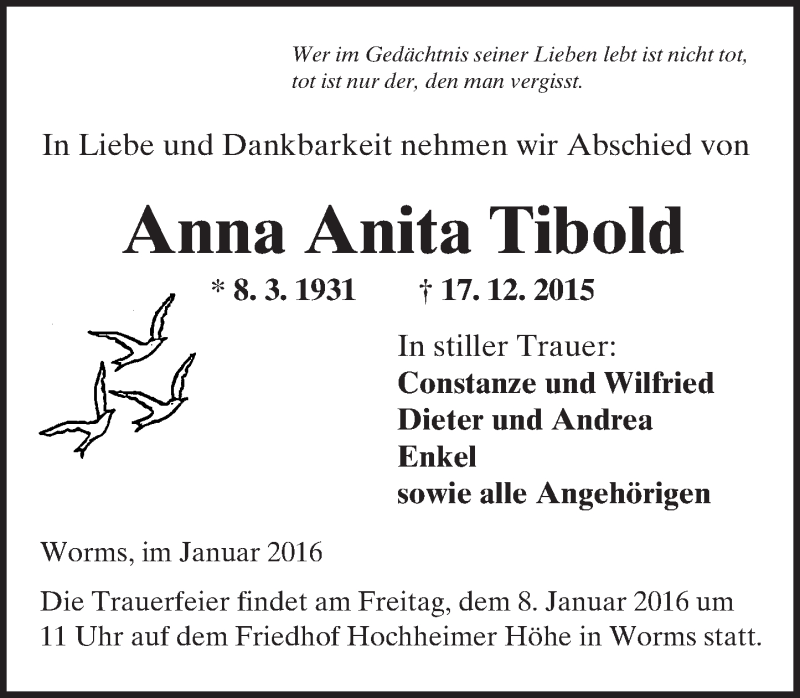  Traueranzeige für Anna Anita Tibold vom 06.01.2016 aus  Wormser Zeitung