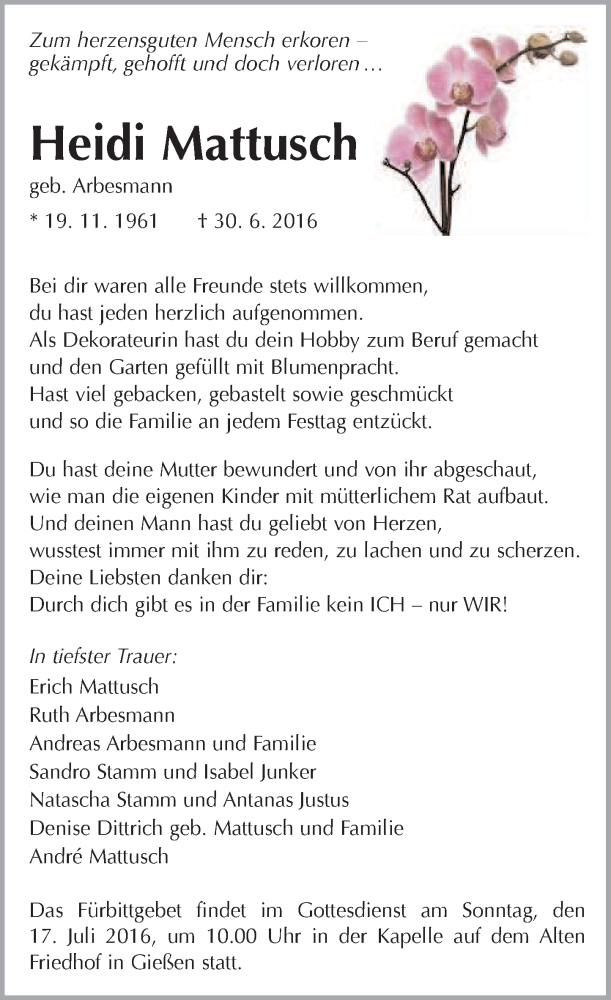  Traueranzeige für Heidi Mattusch vom 09.07.2016 aus  Gießener Anzeiger