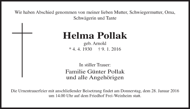  Traueranzeige für Helma Pollak vom 23.01.2016 aus  Allgemeine  Zeitung Ingelheim-Bingen