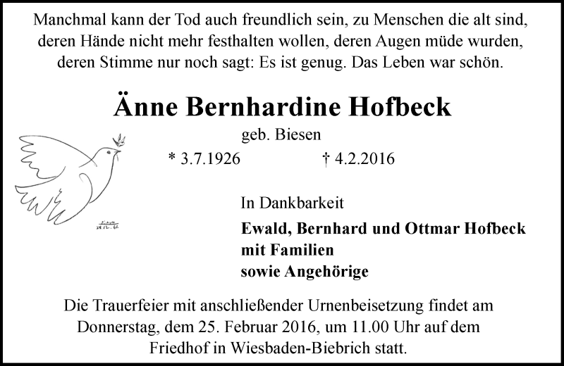  Traueranzeige für Änne Bernhardine Hofbeck vom 20.02.2016 aus  Wiesbaden komplett