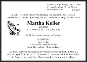 Traueranzeige von Martha Keller von  Usinger Anzeiger