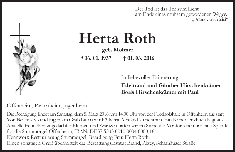  Traueranzeige für Herta Roth vom 03.03.2016 aus  Allgemeine Zeitung Alzey