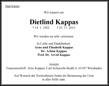 Traueranzeige von Dietlind Kappas von VRM Trauer