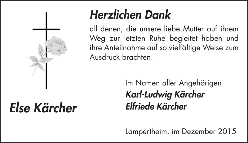  Traueranzeige für Else Kärcher vom 24.12.2015 aus  Bürstädter Zeitung
