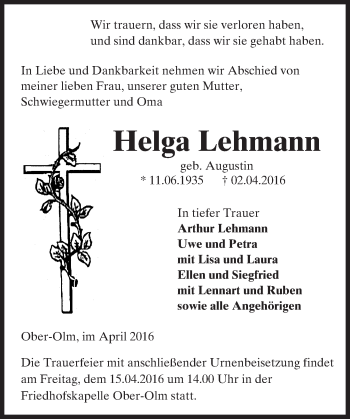 Traueranzeige von Helga Lehmann von  Allgemeine Zeitung Mainz
