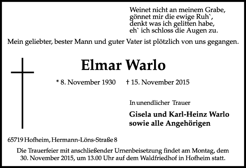  Traueranzeige für Elmar Warlo vom 20.11.2015 aus  Hofheimer Zeitung