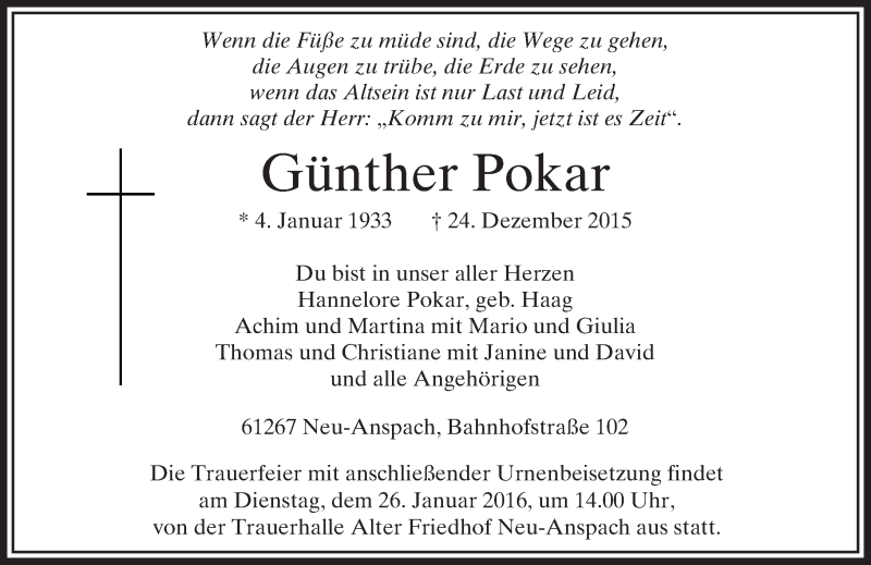  Traueranzeige für Günther Pokar vom 19.01.2016 aus  Usinger Anzeiger