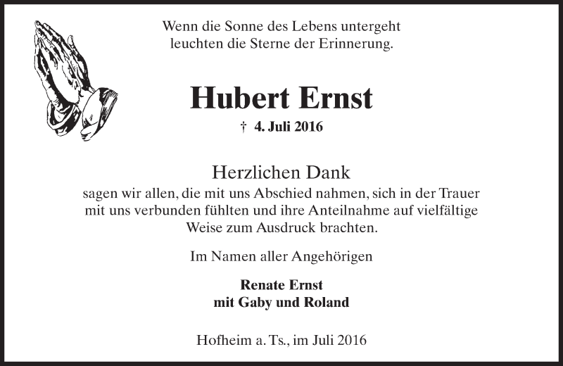  Traueranzeige für Hubert Ernst vom 29.07.2016 aus Trauerportal Rhein Main Presse