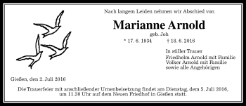Traueranzeige von Marianne Arnold von  Gießener Anzeiger