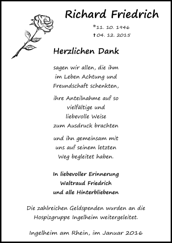 Traueranzeige von Richard Friedrich von  Allgemeine  Zeitung Ingelheim-Bingen