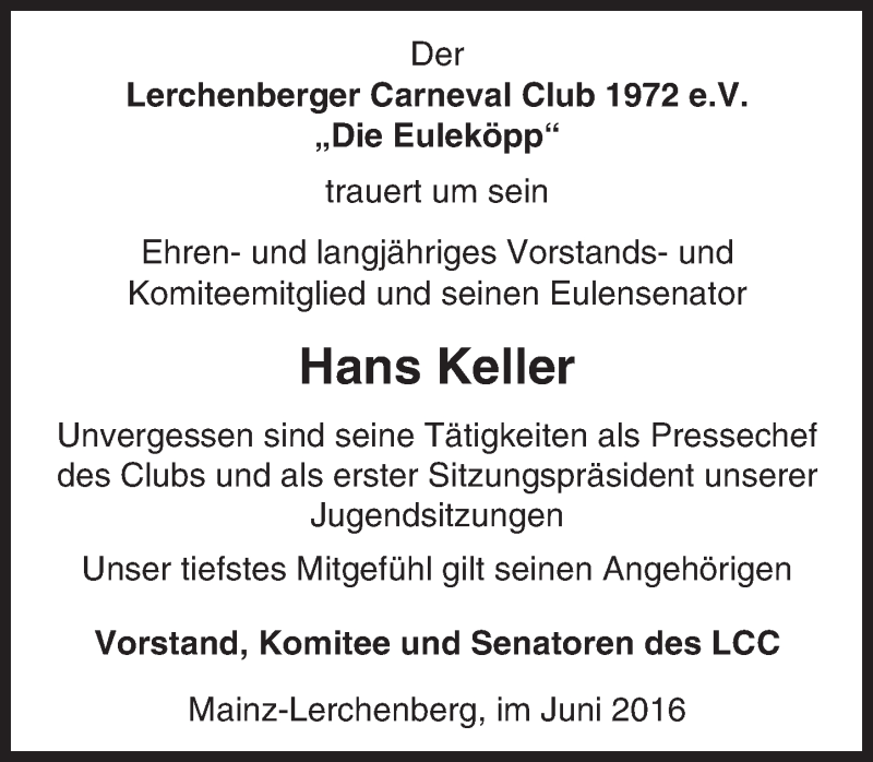 Traueranzeige für Hans Keller vom 02.07.2016 aus Trauerportal Rhein Main Presse
