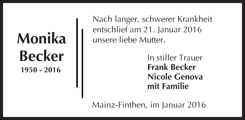  Traueranzeige für Monika Becker vom 30.01.2016 aus  Allgemeine Zeitung Mainz