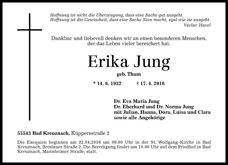  Traueranzeige für Erika Jung vom 19.04.2016 aus  Allg. Zeitung Bad Kreuznach