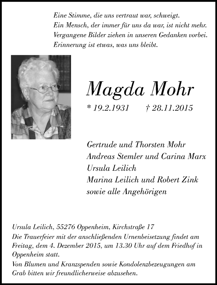  Traueranzeige für Magda Mohr vom 02.12.2015 aus  Landskrone