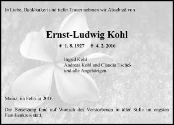 Traueranzeige von Ernst-Ludwig Kohl von  Allgemeine Zeitung Mainz