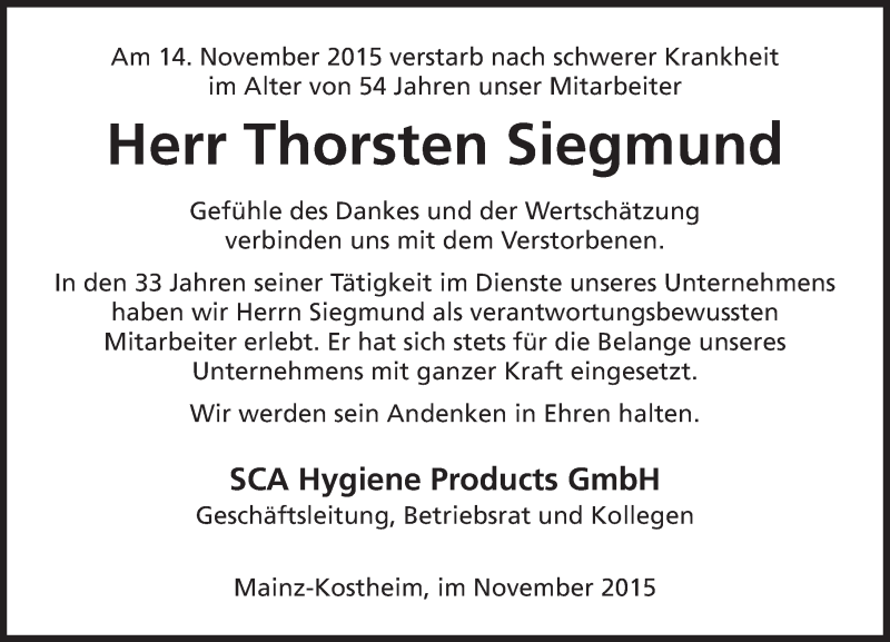  Traueranzeige für Thorsten Siegmund vom 21.11.2015 aus  Wiesbaden komplett