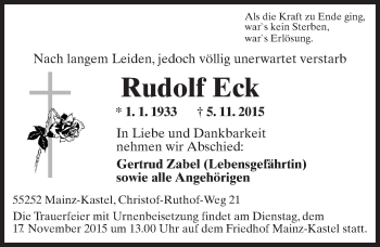 Traueranzeige von Rudolf Eck von  Allgemeine Zeitung Mainz