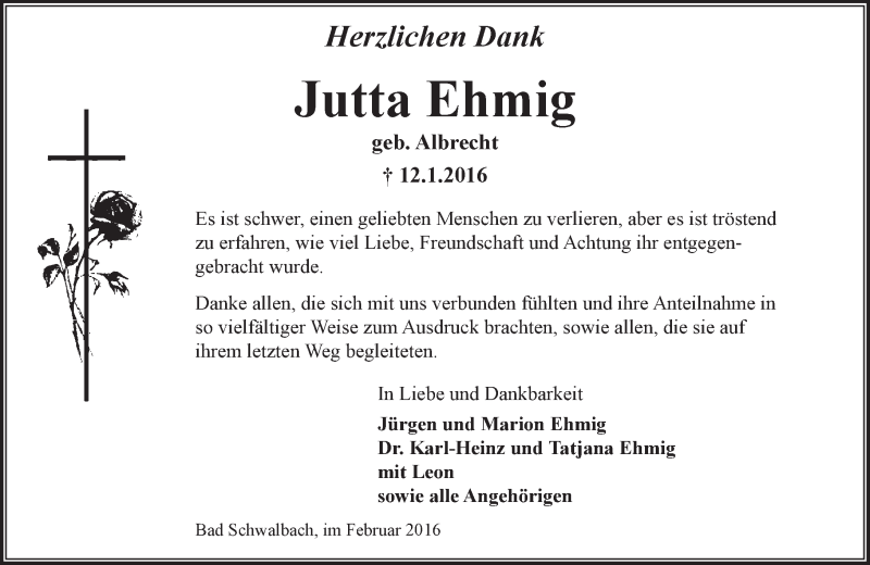  Traueranzeige für Jutta Ehmig vom 13.02.2016 aus  Wiesbaden komplett