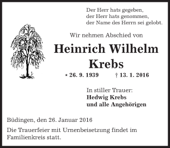 Traueranzeige von Heinrich Wilhelm Krebs von  Kreisanzeiger