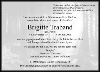 Traueranzeige von Brigitte Traband von  Usinger Anzeiger
