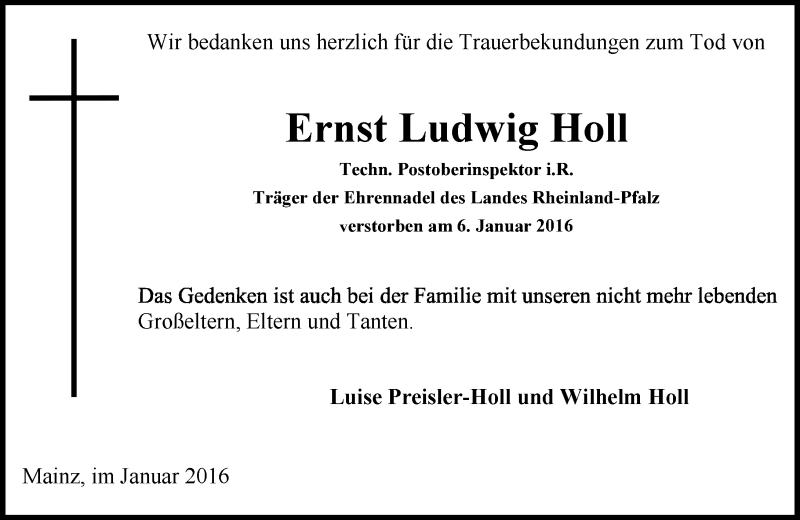  Traueranzeige für Ernst Ludwig Holl vom 30.01.2016 aus  Allgemeine Zeitung Mainz