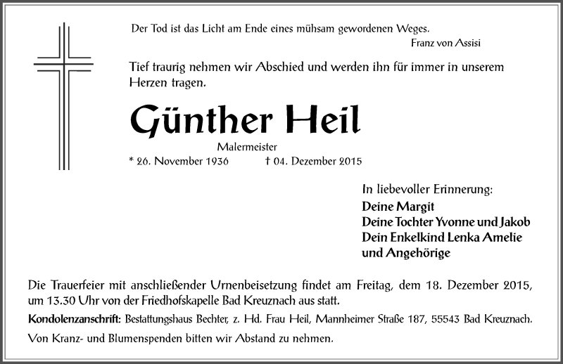  Traueranzeige für Günther Heil vom 14.12.2015 aus  Allg. Zeitung Bad Kreuznach