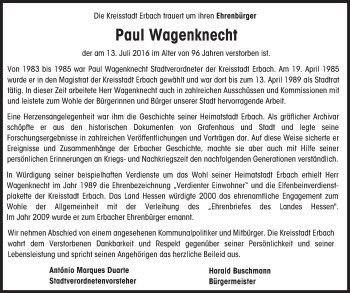 Traueranzeige von Paul Wagenknecht von Trauerportal Echo Online