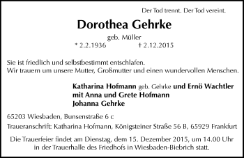 Traueranzeige von Dorothea Gehrke von  Wiesbaden komplett