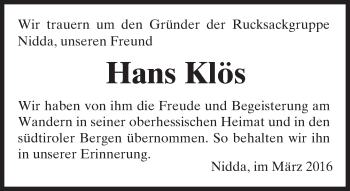 Traueranzeige von Hans Klös von  Kreisanzeiger