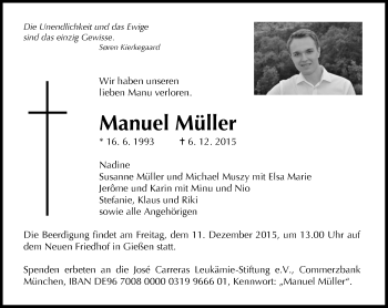 Traueranzeige von Manuel Müller von  Gießener Anzeiger