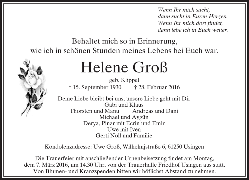  Traueranzeige für Helene Groß vom 03.03.2016 aus  Usinger Anzeiger