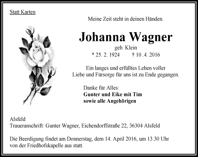  Traueranzeige für Johanna Wagner vom 12.04.2016 aus VRM Trauer