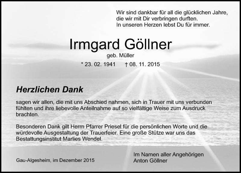  Traueranzeige für Irmgard Göllner vom 05.12.2015 aus  Allgemeine  Zeitung Ingelheim-Bingen