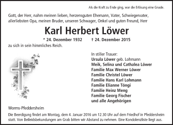 Traueranzeige von Karl Herbert Löwer von  Wormser Zeitung