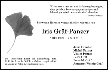 Traueranzeige von Iris Gräf-Panzer von  Wiesbaden komplett