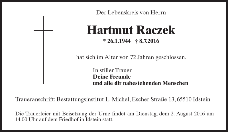  Traueranzeige für Helmut Raczek vom 30.07.2016 aus Trauerportal Rhein Main Presse