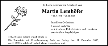 Traueranzeige von Martin Lemhöfer von  Allgemeine Zeitung Mainz